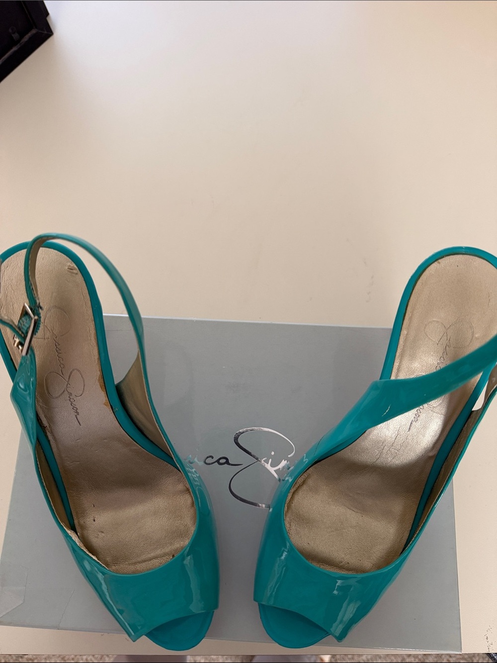 Jessica Simpson Teal Patent Slingback Peep-Toe Heels